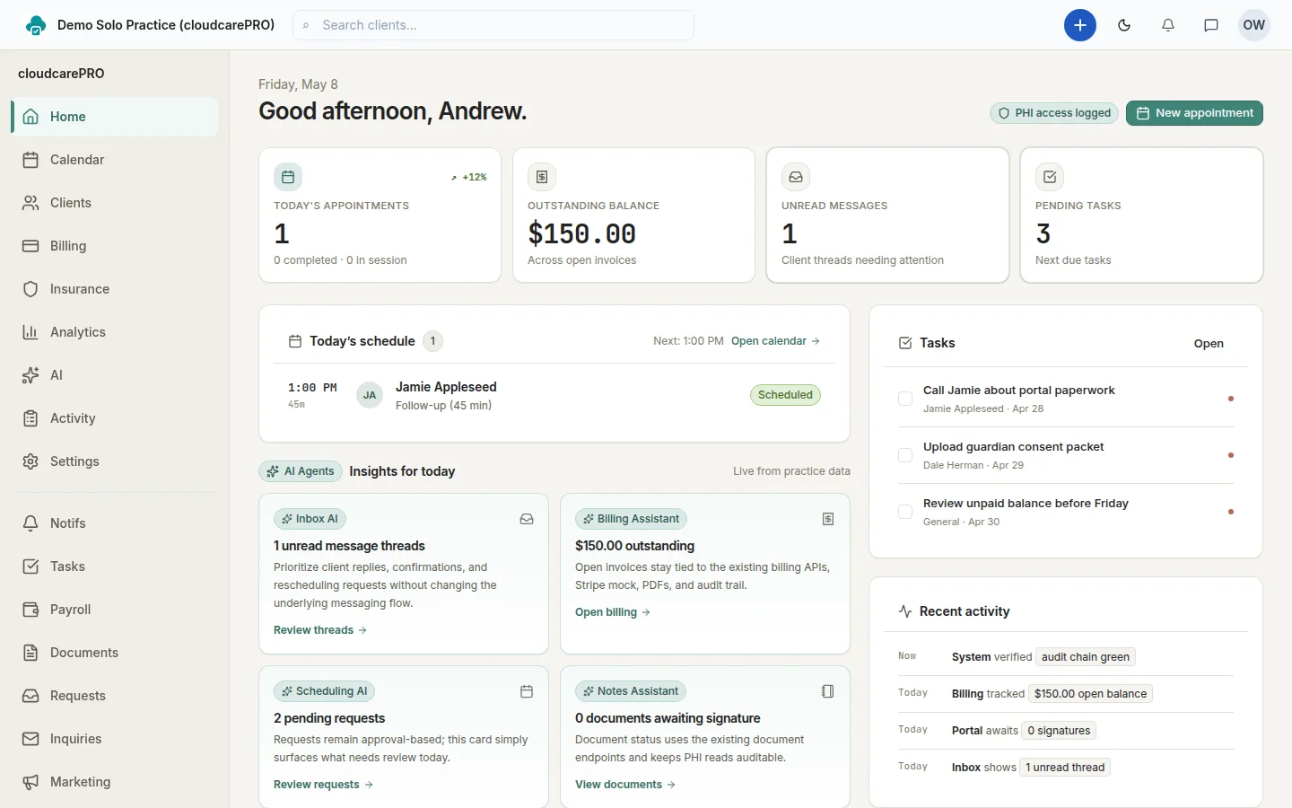 cloudcarePRO dashboard — the whole practice in one view