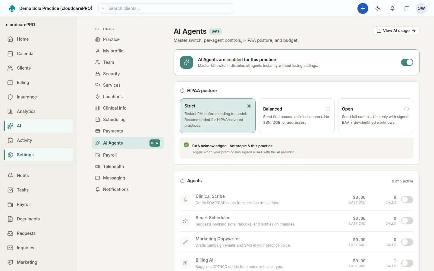 cloudcarePRO — AI Agents settings with HIPAA posture controls and master kill switch