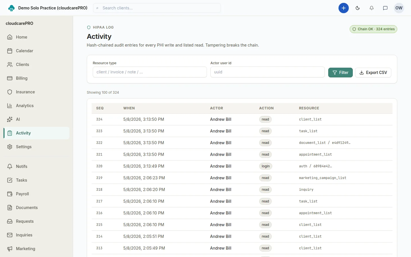 cloudcarePRO tamper-evident audit log with hash-chained entries